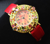 Часы с разноцветными турмалинами, цаворитами и пурпурными сапфирами на кожаном ремешке Серебро 925
