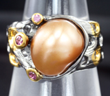 Серебряное кольцо с цветной жемчужиной барокко 8,21 карата и родолитами Серебро 925