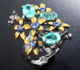 Серебряное кольцо с «неоновыми» апатитами и синими сапфирами Серебро 925