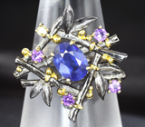 Оригинальное серебряное кольцо с синим сапфиром, аметистами и цитрином Серебро 925