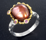 Серебряное кольцо с цветной жемчужиной барокко 7,23 карата и родолитами Серебро 925