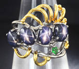 Серебряное кольцо cо звездчатыми сапфирами 3,2 карата, диопсидом и цаворитами Серебро 925