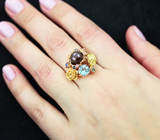 Серебряное кольцо с цветной жемчужиной, голубым топазом и разноцветными сапфирами Серебро 925