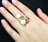 Серебряное кольцо с жемчугом 14,23 карата и розовыми турмалинами