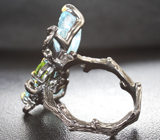 Серебряное кольцо с резными аквамаринами 10+ карат, перидотом и голубым топазом Серебро 925
