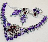 Роскошный комплект с аметистами, гранатами и изумрудами Серебро 925