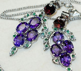 Роскошный комплект с аметистами, гранатами и изумрудами Серебро 925