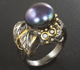 Серебряное кольцо с цветным жемчугом и черными шпинелями Серебро 925