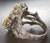 Серебряное кольцо с  8-каратным резным и ограненными цитринами, диопсидами Серебро 925