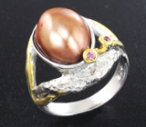 Серебряное кольцо с цветной жемчужиной 8,9 карата и сапфирами Серебро 925