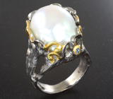 Серебряное кольцо с жемчужиной барокко 26,31 карата и голубым сапфиром Серебро 925