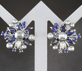 Эффектные серебряные серьги с цветным жемчугом и синими сапфирами Серебро 925