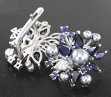 Эффектные серебряные серьги с цветным жемчугом и синими сапфирами Серебро 925