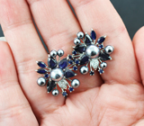 Эффектные серебряные серьги с цветным жемчугом и синими сапфирами Серебро 925