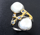 Серебряное кольцо с жемчугом барокко 14,95 карата и синими сапфирами Серебро 925