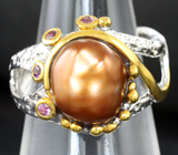 Серебряное кольцо c цветной жемчужиной 7,04 карата и родолитами гранатами Серебро 925