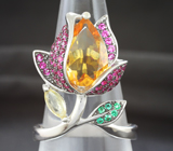 Чудесное серебряное кольцо с золотистым цитрином и желтым сапфиром Серебро 925