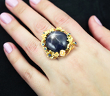 Золотое кольцо c крупным сапфиром редкой круглой формы 43 карата и бриллиантами! Яркая звезда Золото