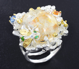 Серебряное кольцо с «призрачным» кварцем, разноцветными сапфирами и хризопразом Серебро 925