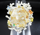 Серебряное кольцо с «призрачным» кварцем, разноцветными сапфирами и хризопразом Серебро 925