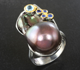 Серебряное кольцо с цветным жемчугом 32,55 карата, голубым топазом и синими сапфирами Серебро 925