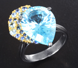 Серебряное кольцо с голубым топазом лазерной огранки 10,16 карата, аквамаринами и синими сапфирами Серебро 925
