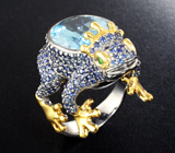 Серебряное кольцо с голубым топазом 12,87 карата, синими сапфирами и цаворитами Серебро 925