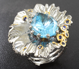 Серебряное кольцо с голубым топазом лазерной огранки 15,92 карата и синими сапфирами Серебро 925