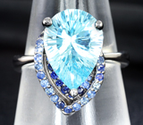 Серебряное кольцо с голубым топазом лазерной огранки 5,42 карата и синими сапфирами Серебро 925