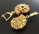 Золотые серьги с аммонитами с мозаикой из аммолита 38,33 карата Золото
