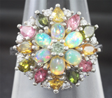 Праздничное серебряное кольцо с кристаллическими опалами и разноцветными турмалинами Серебро 925