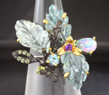 Серебряное кольцо с резными голубыми топазами и аквамарином, кристаллическим опалом, перидотами и аметистом Серебро 925