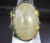 Серебряное кольцо с рутиловым кварцем и диопсидами Серебро 925
