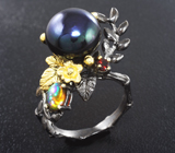 Серебряное кольцо с цветным жемчугом, кристаллическим черным опалом и мозамбикским гранатом Серебро 925