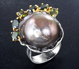 Серебряное кольцо с цветной жемчужиной барокко 43,83 карата, диопсидами и турмалинами Серебро 925