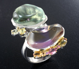Серебряное кольцо с аметрином, зеленым аметистом, разноцветными турмалинами и сапфирами Серебро 925