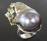 Серебряное кольцо с цветной жемчужиной барокко 52,41 карата, аквамаринами и турмалинами Серебро 925