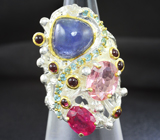 Серебряное кольцо с танзанитом, розовым турмалином, рубеллитом, родолитами и голубыми топазами Серебро 925