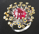 Серебряное кольцо с рубином 8,99 карата и синими сапфирами Серебро 925