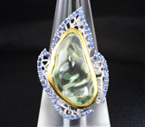 Серебряное кольцо с зеленым аметистом 14,5 карата и синими сапфирами