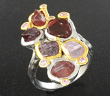 Серебряное кольцо с грубообработанными шпинелями 8,37 карата и розовыми сапфирами Серебро 925