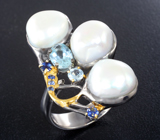 Серебряное кольцо с жемчугом барокко 26,57 карата, аквамаринами и синими сапфирами Серебро 925