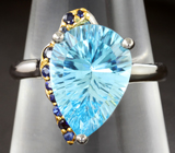 Серебряное кольцо с голубым топазом лазерной огранки 5,28 карата и синими сапфирами Серебро 925
