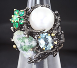Серебряное кольцо с жемчужиной, необработанным апатитом, голубым топазом и хризопразом