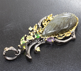 Серебряный кулон с резным лабрадоритом и самоцветами Серебро 925