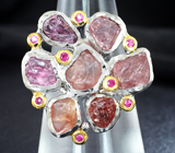 Серебряное кольцо с грубообработанными шпинелями 10,21 карата и пурпурно-розовыми сапфирами Серебро 925