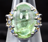 Серебряное кольцо с зеленым турмалином 12,71 карата и синими сапфирами Серебро 925