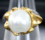Серебряное кольцо с жемчужиной барокко 18,87 карата, синими сапфирами и цаворитами Серебро 925