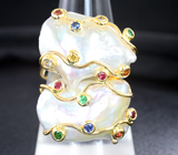 Золотое кольцо с морским жемчугом барокко 27,14 карата, цаворитами и разноцветными сапфирами! Исключительный люстр Золото