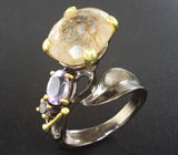Серебряное кольцо с рутиловым кварцем и аметистами